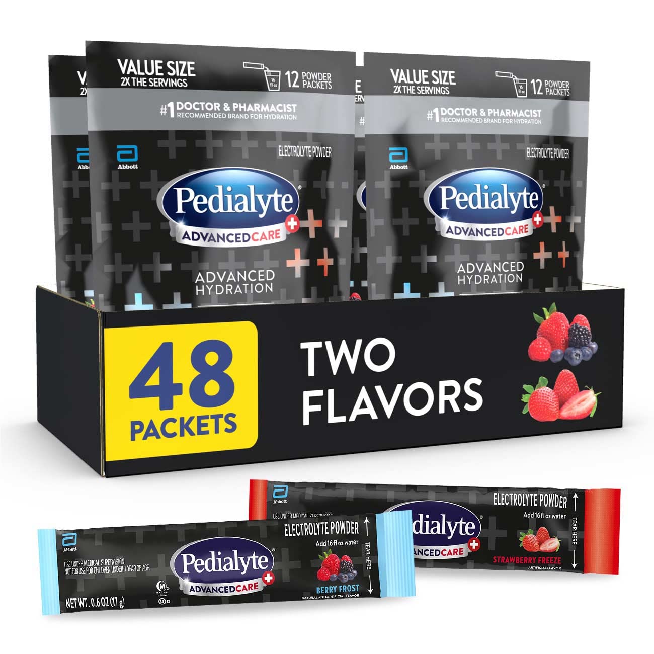 Pedialyte AdvancedCare Plus Electrolyte Powder, Strawberry Freeze And Berry Frost, With 33% More Electrolytes and Has PreActiv P