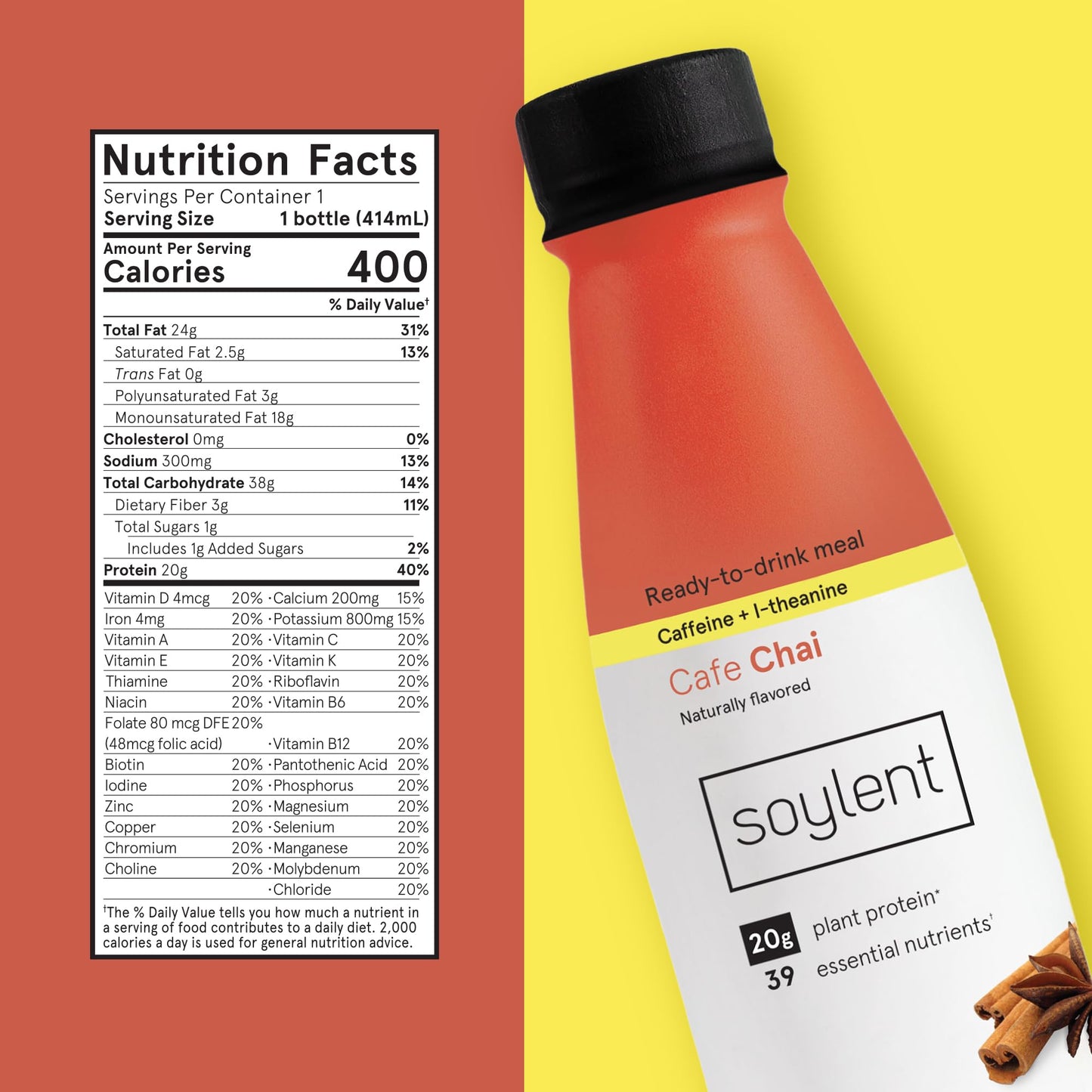 Soylent Complete Nutrition Meal Replacement Shake, Vegan, Gluten-Free, Cafe Chai, 14 Fl Oz, Pack of 12