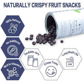Freeze Dried Blueberries, 6Oz/170G Whole Frozen Blueberries, Freeze Dried Fruit No Added Sugar, Natural Snack, Jar Packaging Des