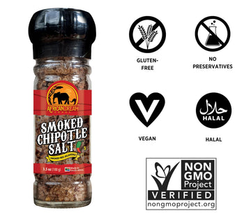 African Dream Foods Smoked Chipotle Spicy Salt Seasoning - 3.5 oz Reusable Grinder with Jalapeno Peppers, Ideal for Meat, Chicken, Seafood