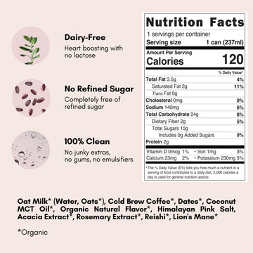 Pop & Bottle, Oat Milk Lattes - Cold Brew With Lions Mane & Reishi, Mct Oil, Single Shot Cold Brew, Mushrooms, Organic, Dairy Fr