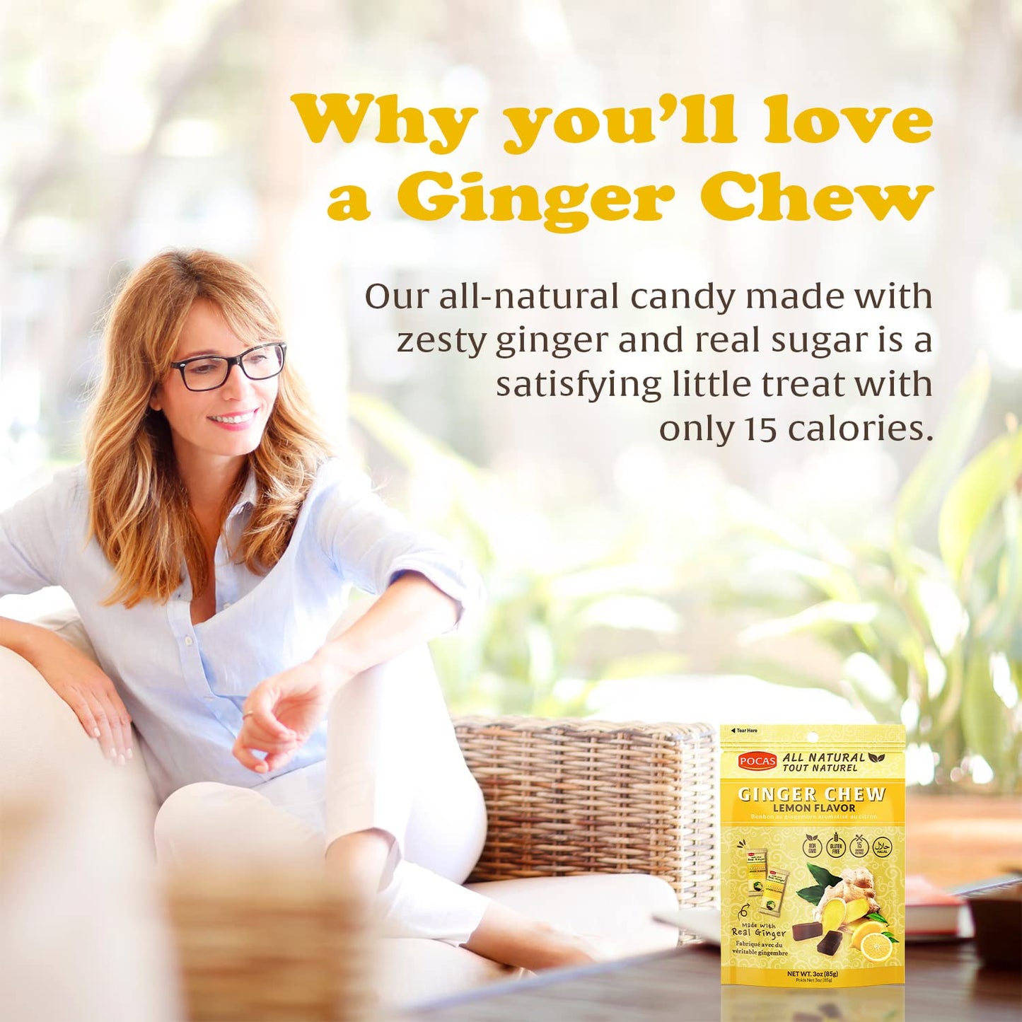 Pocas Lemon Ginger Chews - Sweet And Zesty Ginger Chew, Individually Wrapped Low-Calorie Snacks, Ginger Candy Made With Pure Cane Sugar, 3 Oz Ea (Pack Of 4)