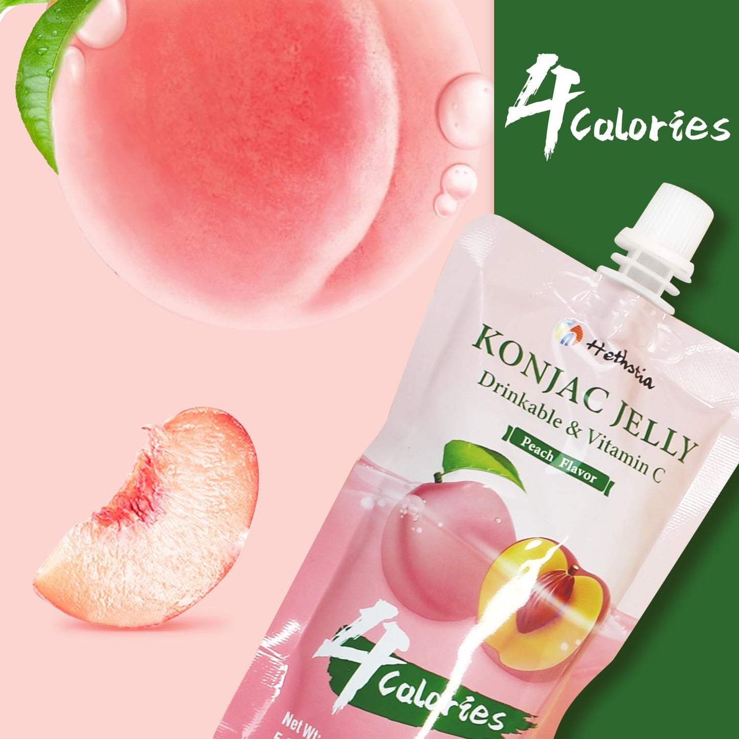 Hethstia Konjac Jelly Peach Flavor Squeeze Pouch, 4 Calories Healthy Drinkable Fruit Sweet Snacks, 10 Packs, 0 Sugar, Keto, Vega