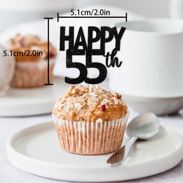 18Pcs Black Glitter Happy 55Th Dessert Cupcake Topper Pick For Funny Legend Since 1970 Theme Decor Supplies Men Women Happy 55 B