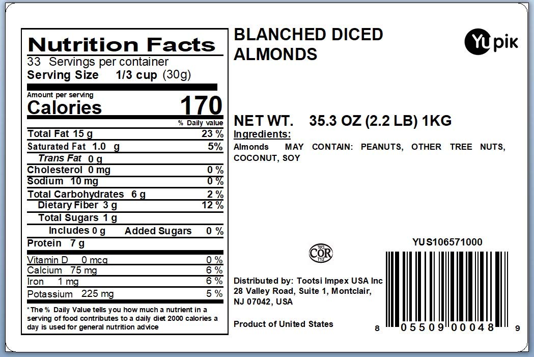 Yupik Blanched Diced Almonds, 2.2 Lb, Kosher, Unsalted, Skinless, Oil-Free, Chopped Nuts, Crunchy Snacks, Source Of Fiber, Nut T