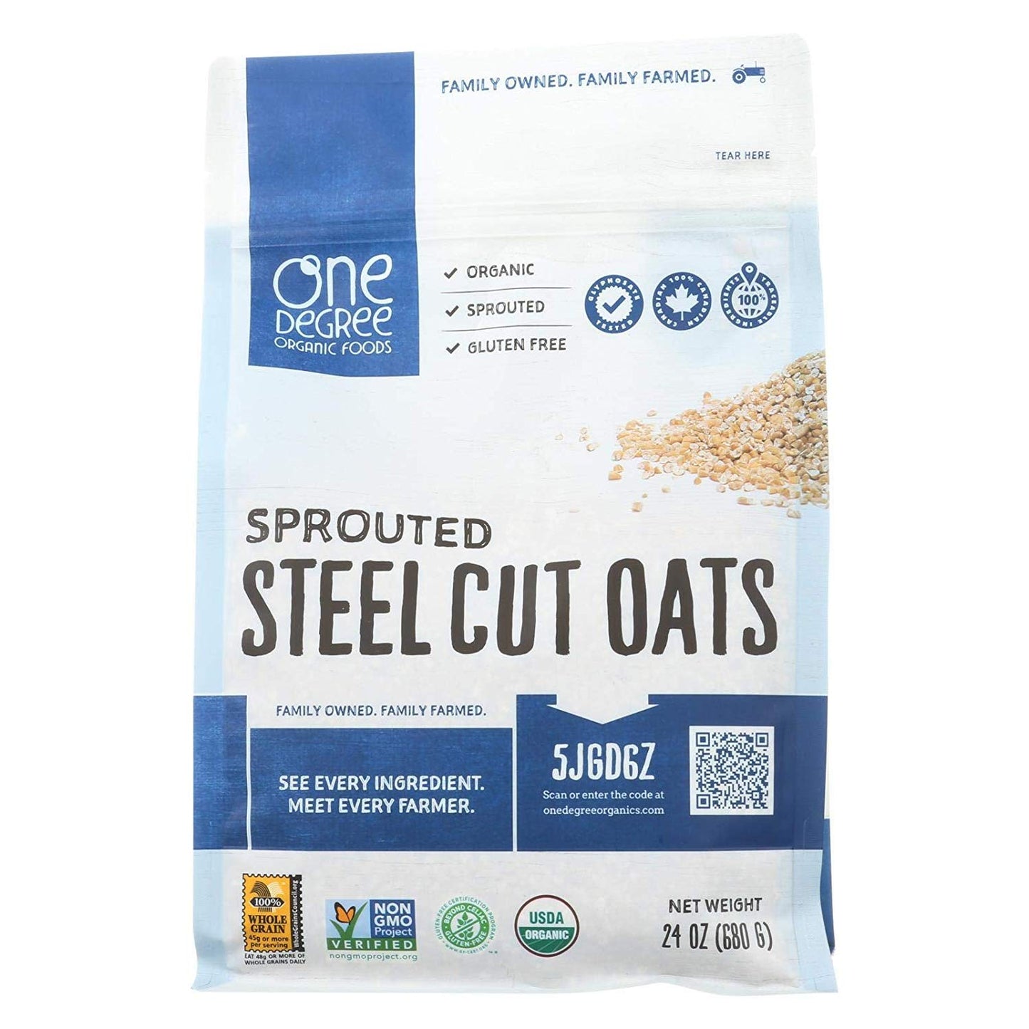 One Degree Organic Foods, Sprtd Oats, Og2, Steel Cut, Size 24 Oz, (Gluten Free Vegan 95%+ Organic)4