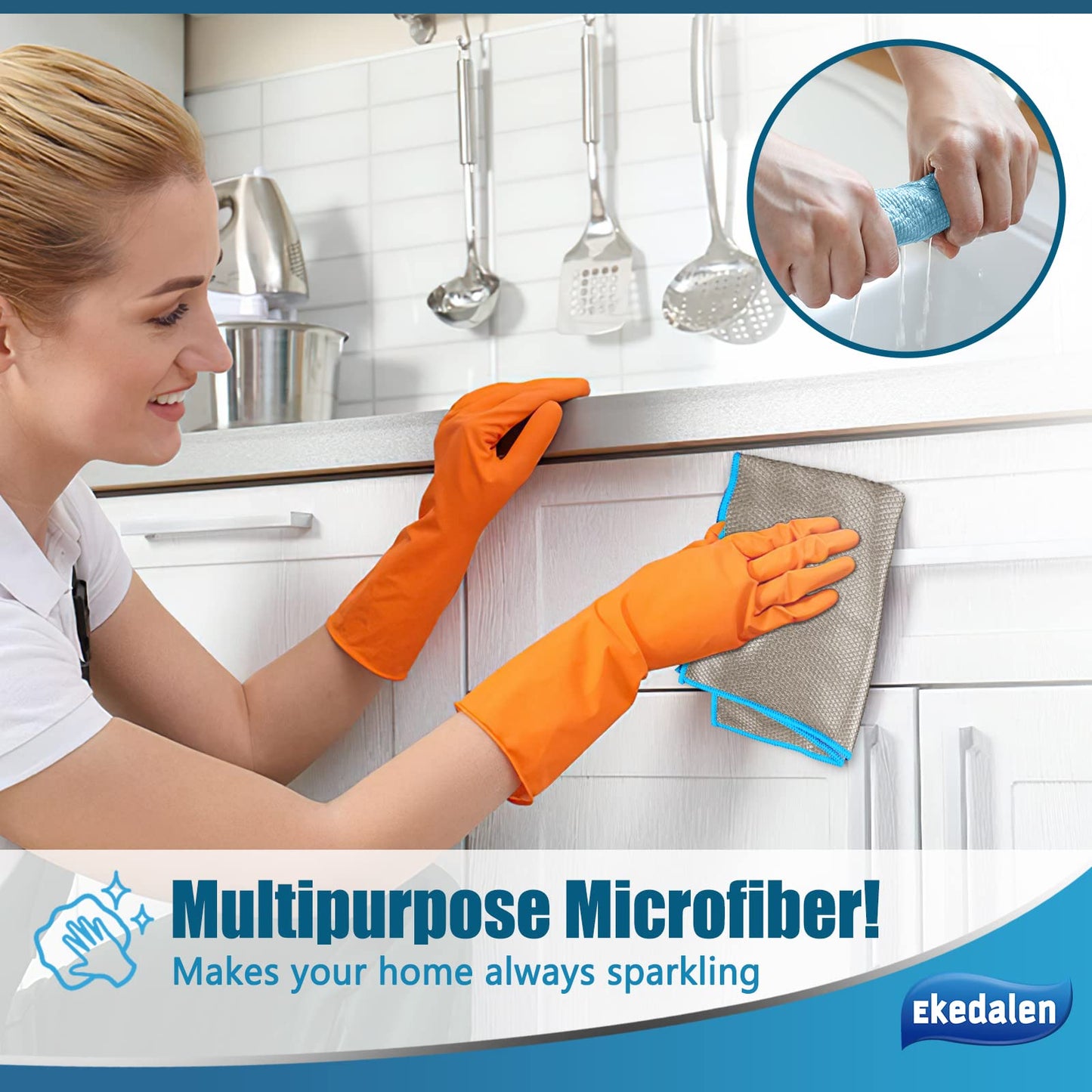 Ekedalen Miracle Microfiber Cleaning Cloths - Streak Free, Lint Free, 12x16, Light Grey, Reusable, Pack of 8 for Kitchen & Home