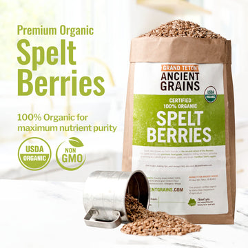 Grand Teton Ancient Grains - 100% Organic Spelt Berries, 5 Lbs, Whole Unmilled Spelt Berries, Us-Grown Farro Organic Grain, Nutr