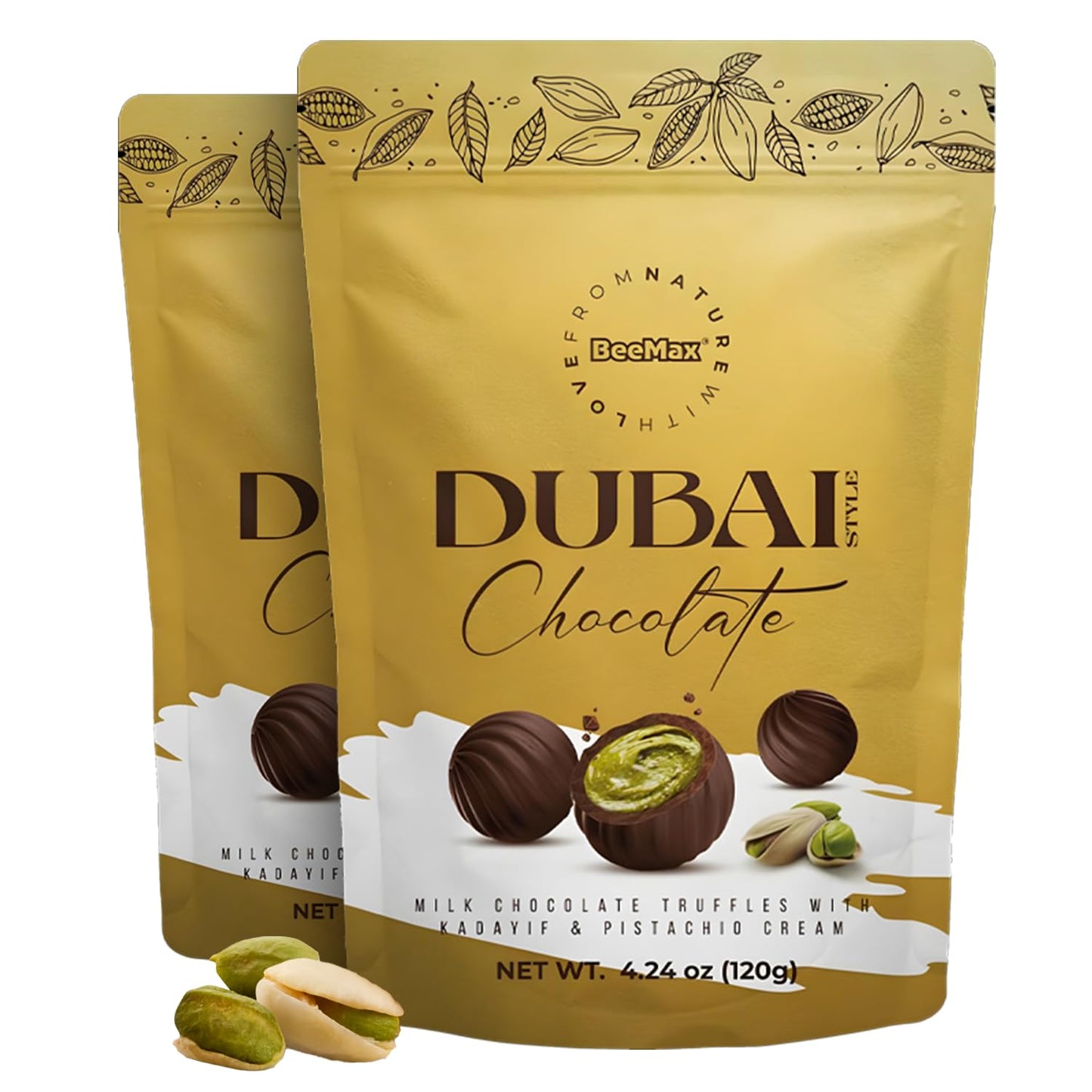 Beemax Dubai Style Chocolate Truffles - 4.24Oz Resealable Pouch (Pack Of 2) - Made W/ Top-Grade Milk Chocolate Pistachio Cream & Crunchy Kadaifi - Middle Eastern Gourmet Candy - For Gift Or Special Occasions