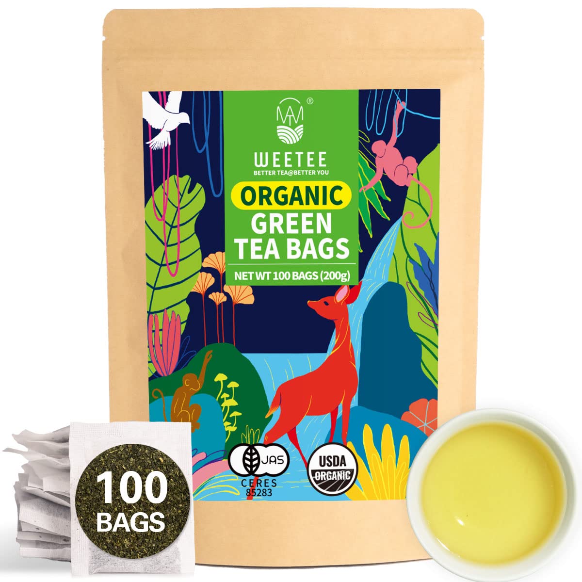 Wt Weetee Organic Green Tea Bags, Usda Organic Pure Green Tea 100 Count, Super Antioxidant | Resealable Kraft Bag | Brew Hot Or
