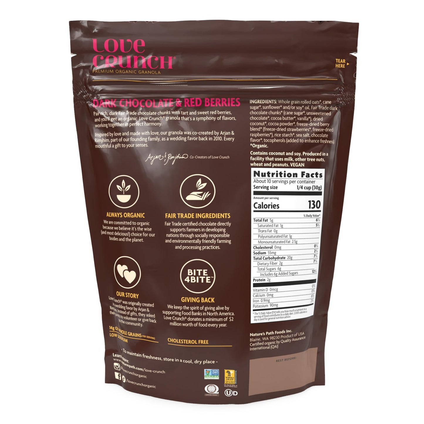 Love Crunch Organic Dark Chocolate & Red Berries Granola, 11.5 oz (Pack of 6), Non-GMO, Fair Trade, by Nature s Path