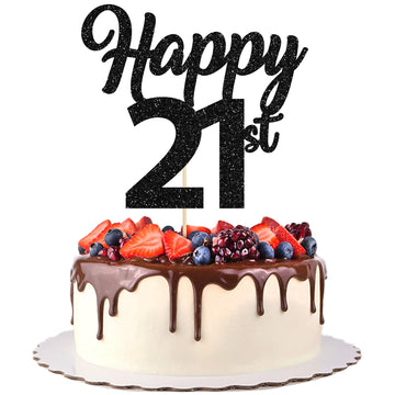 3Pcs Happy 21St Cake Toppers Black Glitter Number 21 Cake Picks Twenty One Birthday Cake Decorations For Cheers To 21 Years Old