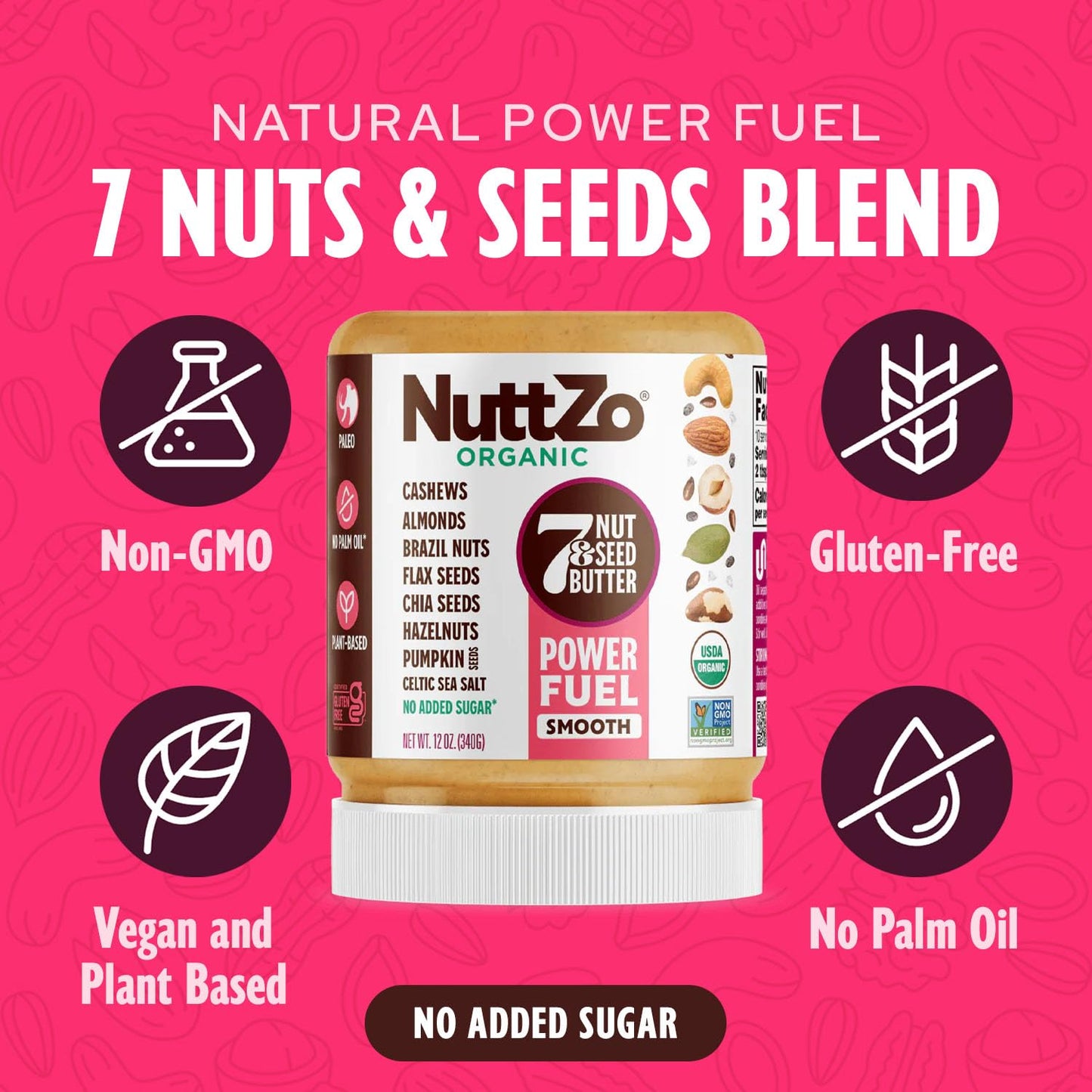 Organic Power Fuel Smooth Nut Butter by NuttZo | Seven Nuts & Seeds Blend, Paleo, Non-GMO, Gluten-Free, Vegan, Kosher | 1g Sugar