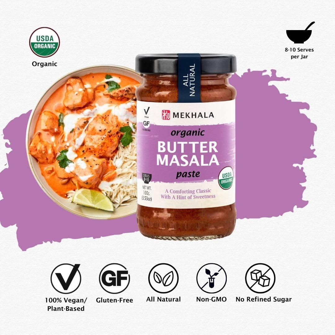 Mekhala Organic Butter Masala Indian Cooking Paste, Versatile Sauce, Marinade, Cooking Paste. No Heat. Organic Vegan Gluten-Free