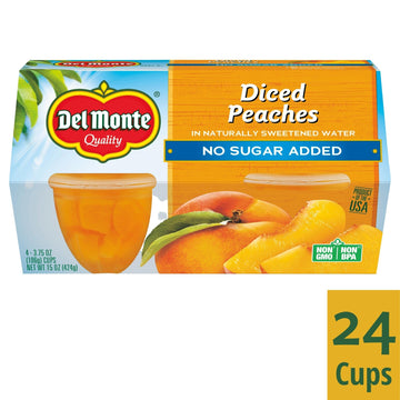 Del Monte No Sugar Added Diced Peaches Fruit Cup Snacks, 3.75 oz Cup (Pack of 24 Cups)