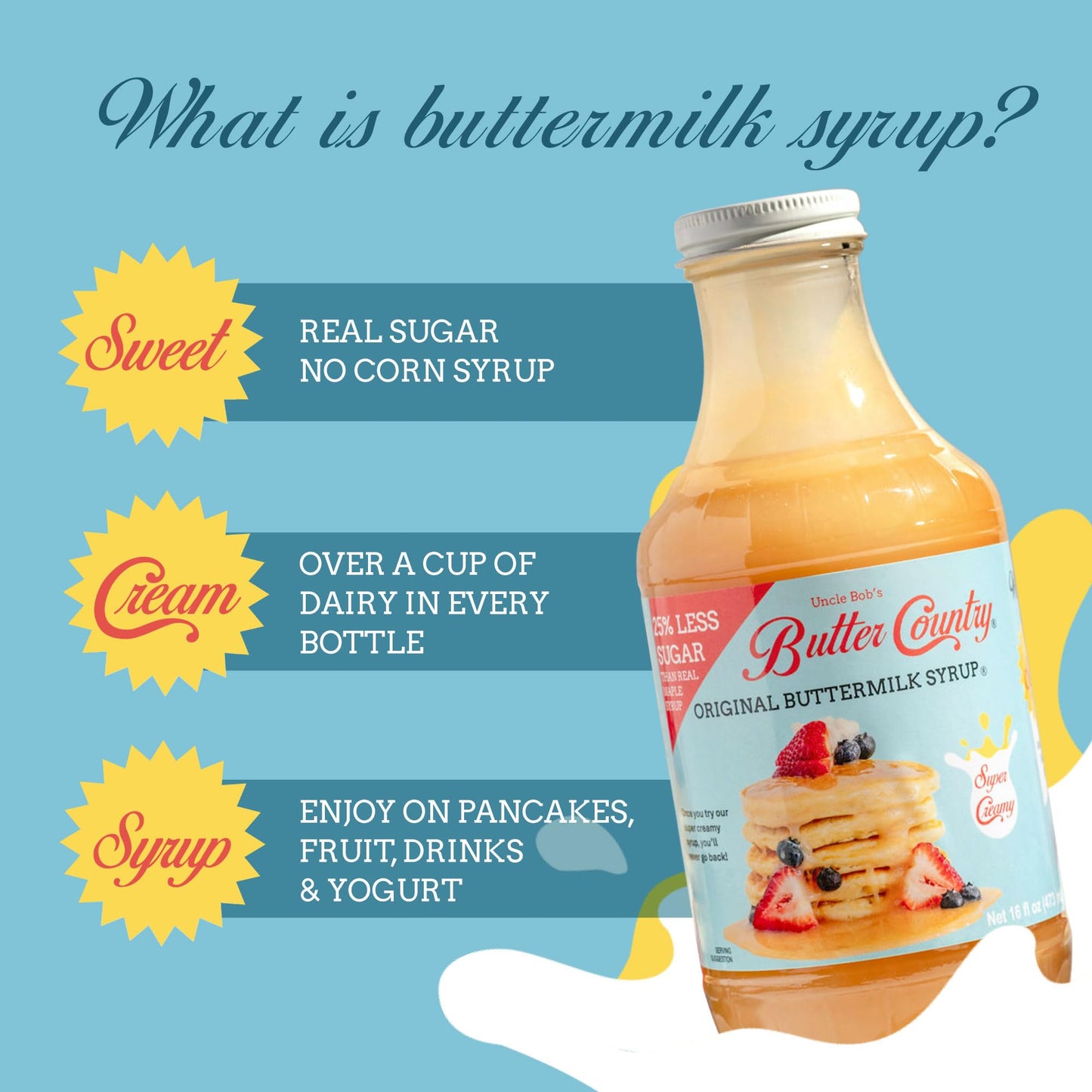 Uncle Bob'S Butter Country Original Buttermilk Syrup For Pancakes And Waffles, Less Sugar, No Corn Syrup, Gluten Free, Made With