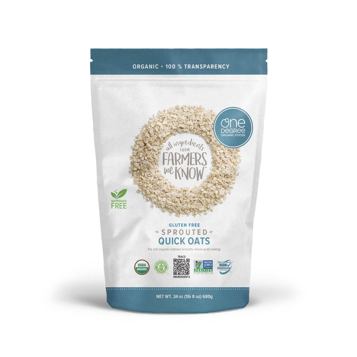 One Degree Organic Foods Sprouted Quick Oats, USDA Organic, Non-GMO Gluten Free Oatmeal, 24 oz., 8 Pack