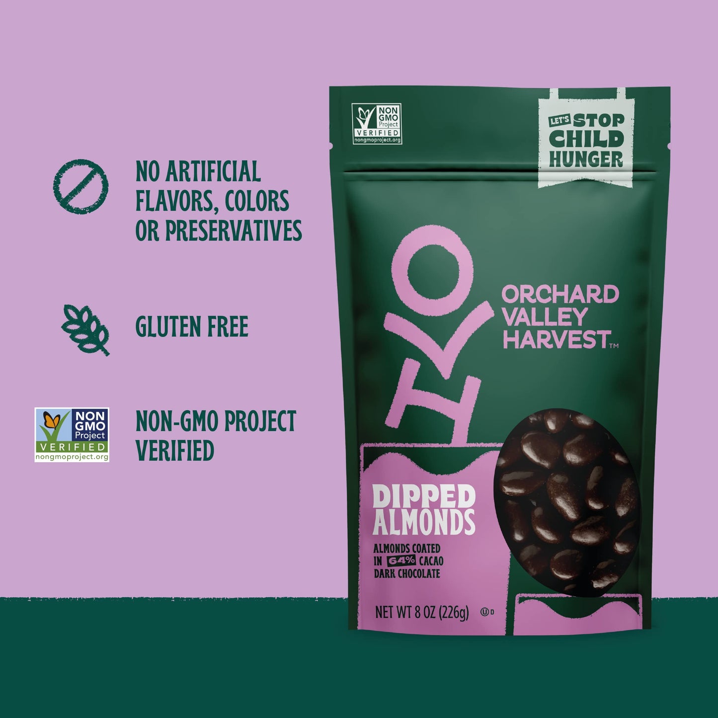 Orchard Valley Harvest Dark Chocolate Dipped Almonds, 8 oz Resealable Bag, Gluten Free, Non-GMO, Stand Up Bag, No Artificial Col