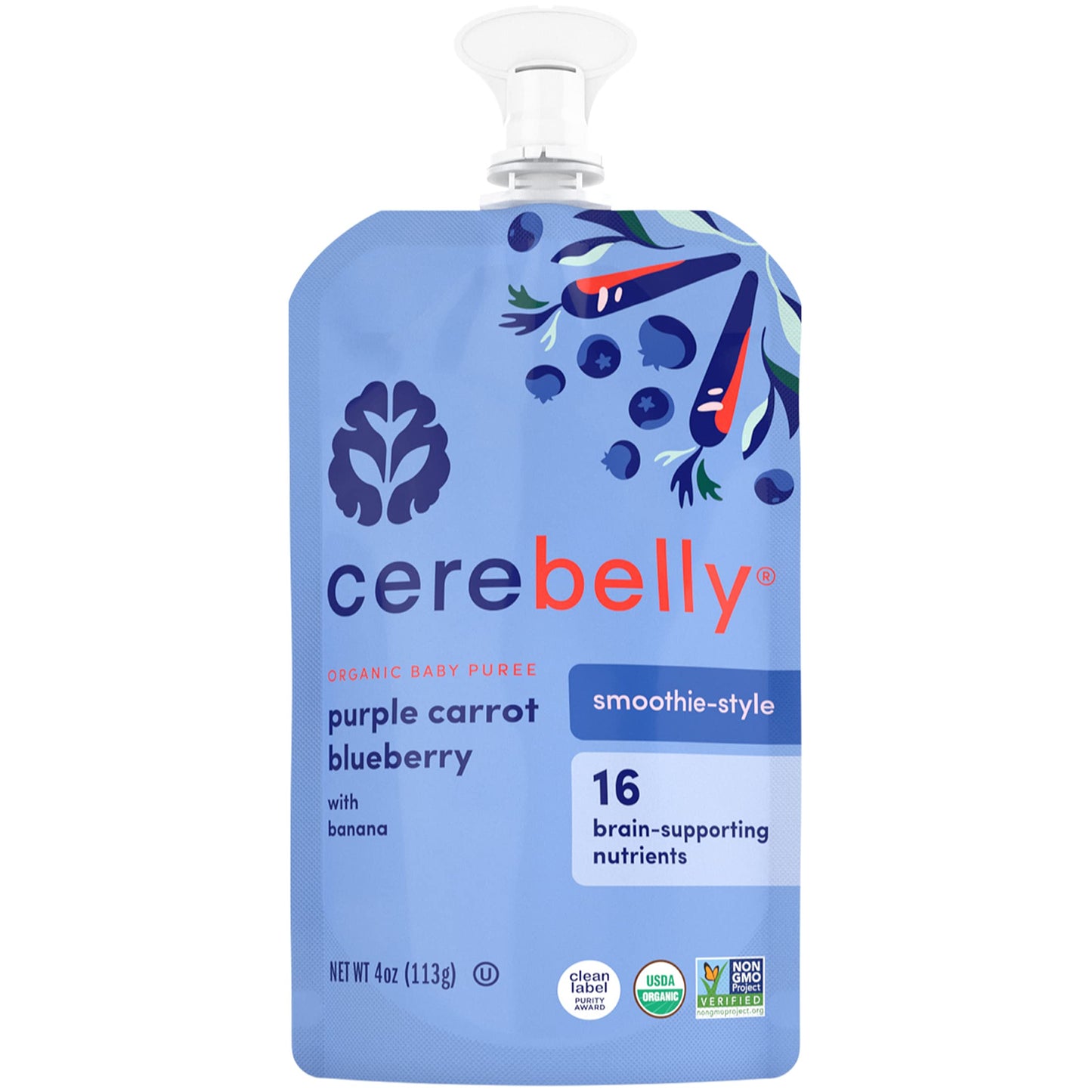 Cerebelly Organic Baby Food Pouches - Organic Purple Carrot Blueberry Pouch Protein, Healthy Fats, Non-Gmo Baby Food Meals 4 Oun