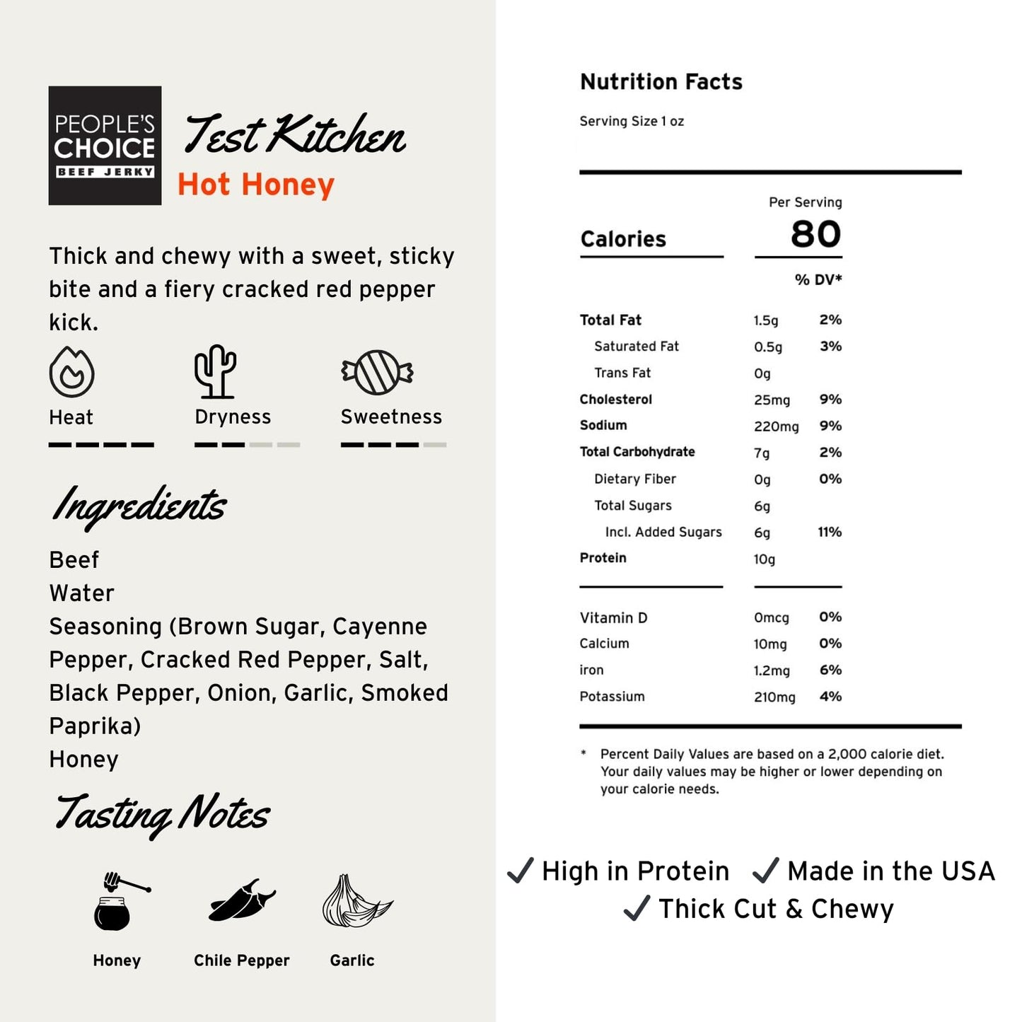 People'S Choice Beef Jerky - Test Kitchen Small Batch - Hot Honey - Spicy Beef Jerky - High Protein Snacks For Adults - Camping
