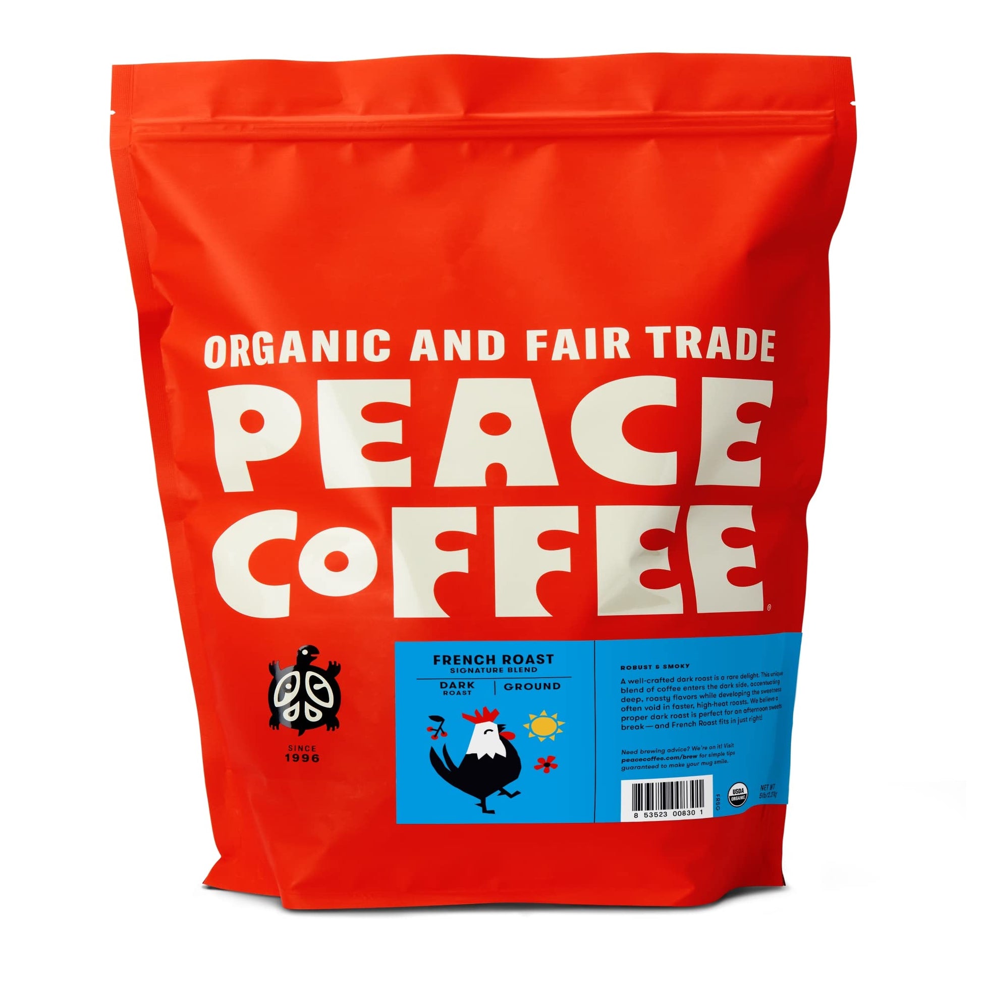 Peace Coffee French Roast | 5 lb Ground Dark Roast | Organic Fair Trade | Soft, Gentle Flavor | Shade Grown, Fresh Roasted