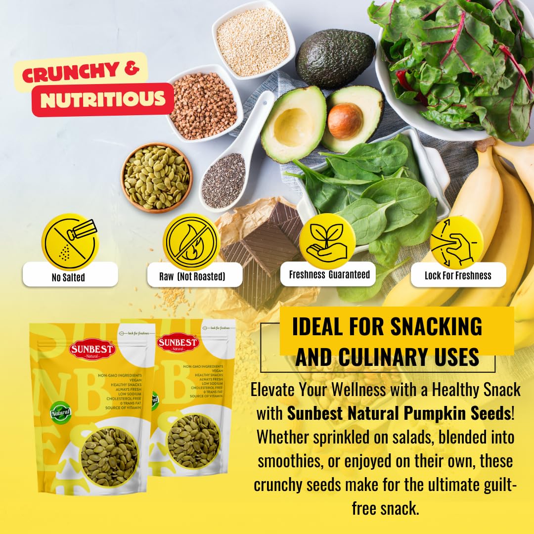 Sunbest Natural - Pumpkin Seeds Raw And Fresh, Pumpkin Seeds Unsalted, Whole Shelled Pumpkin Seeds, Kosher Seeds For Snacks, Pumpkin Seeds Bulk, Non-Gmo And Vegan Healthy Pumpkin Snacks, 3 Lbs.