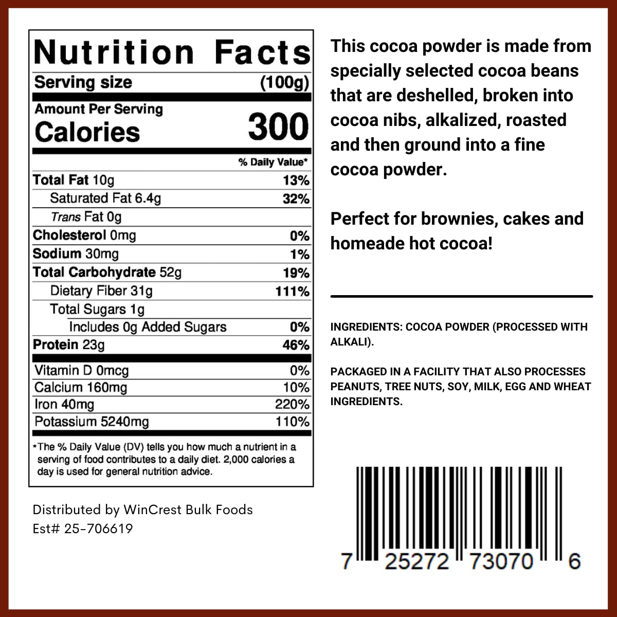 WinCrest Bulk Foods Premium Dutch Processed Cocoa Powder, 2 Lb Container