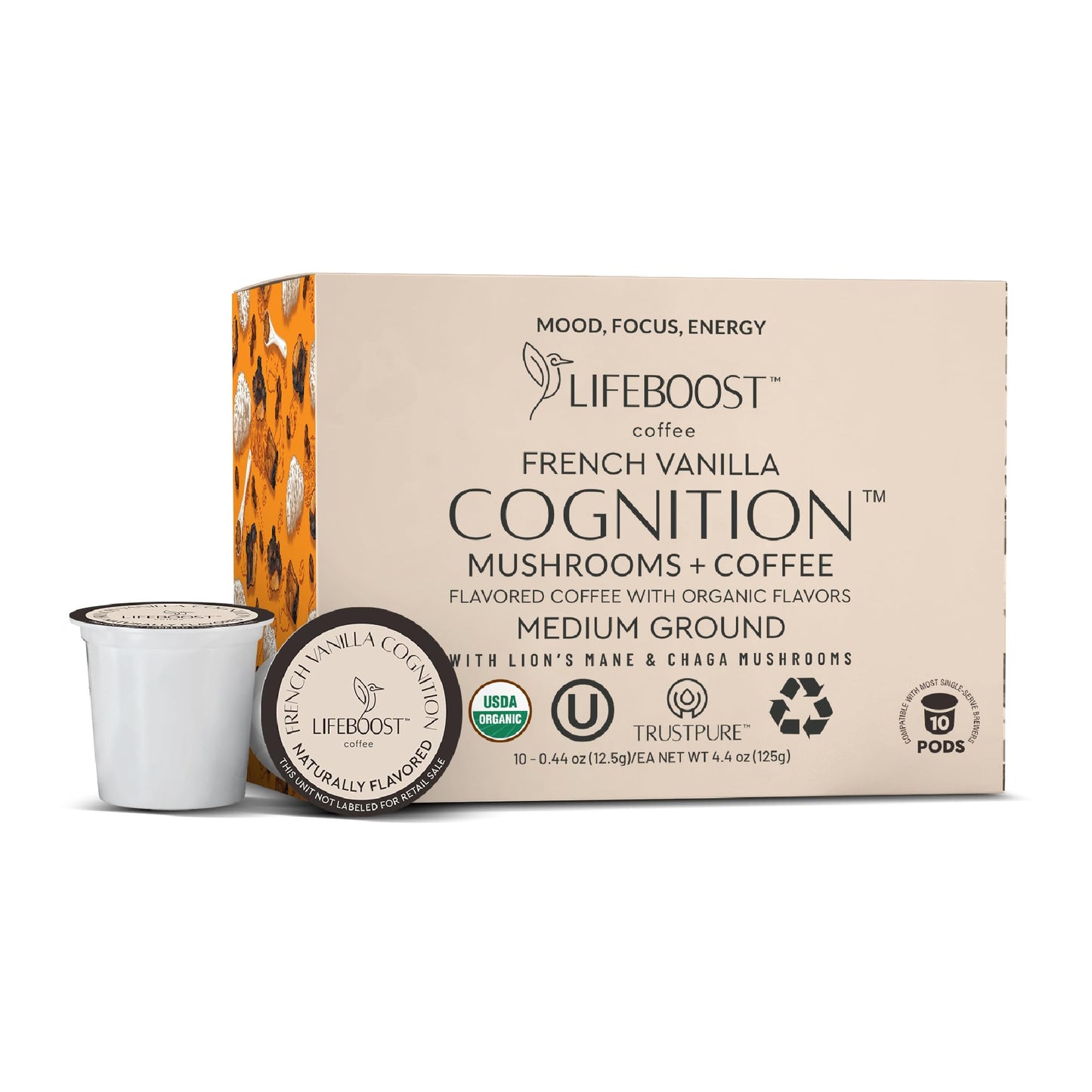 Lifeboost French Vanilla Cognition Mushroom Coffee Pods - Low Acid Organic K-Cups With Lions Mane & Chaga Nootropic Mushrooms For Focus Energy & Immune Support - 10 Count