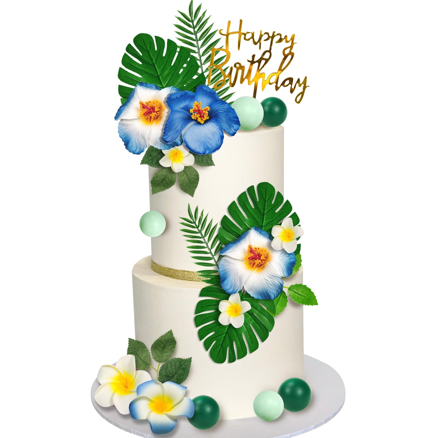 23 Pcs Flower Cake Topper Hawaiian Cake Decorations With Palm Leaves Hibiscus Flowers Balls For Hawaii Aloha Jungle Summer Theme