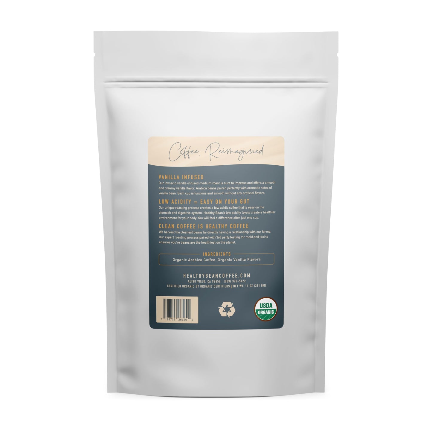 Healthy Bean Coffee Vanilla Infused - Organic Ground Coffee Medium Roast - Low Acid For Sensitive Stomachs, Smooth And Creamy Va