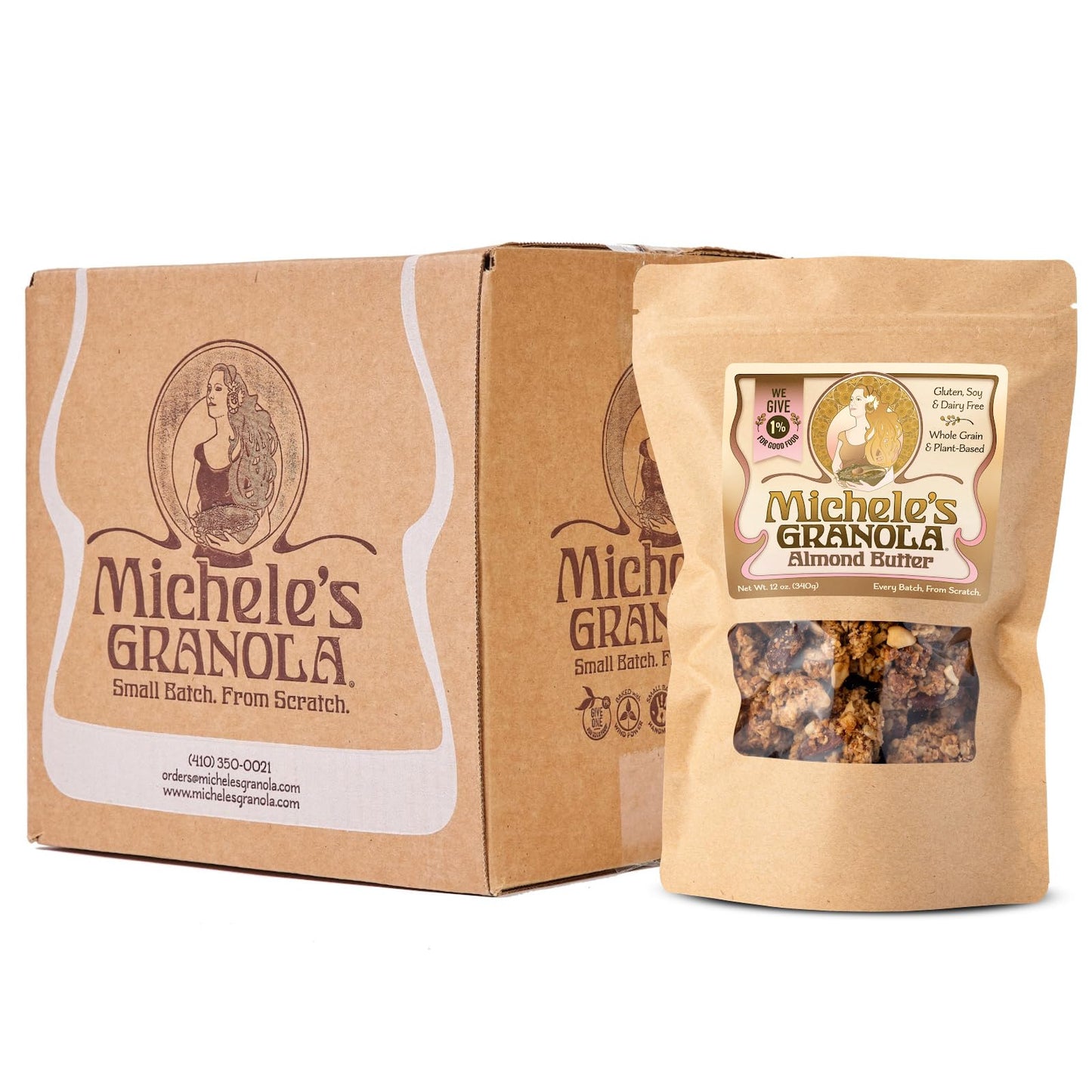 Micheles Granola Almond Butter, Handmade, Whole Grain, Vegan, Gluten-Free & Non-Gmo, 12Oz Resealable Bags, Pack Of 6