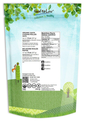 Food to Live Organic Rolled Oats – Non-GMO, Vegan, 8 Ounce, Quick Cooking, Whole Grain, Great for Cereal and Baking