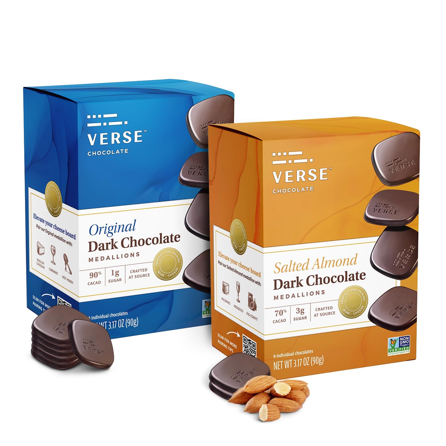 Verse Dark Chocolate Squares Variety Pack - Oriflavor Blendal And Salted Almond W/Low Cane Sugar High Cacao - Top-Grade Dark Chocolates - Individually Wrapped Chocolate Squares (9 Count 2 Pack)