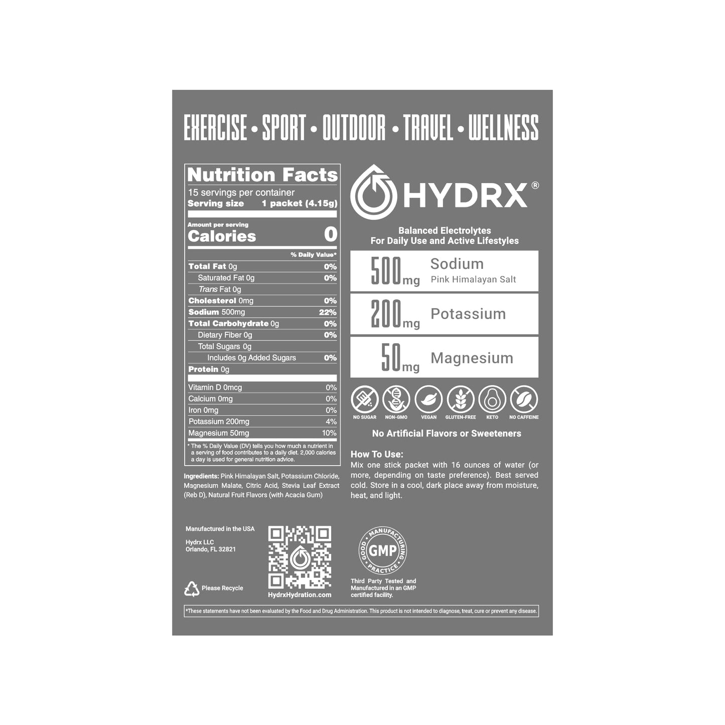 Hydrx Zero Sugar Electrolyte Powder - Clean, Balanced Hydration Drink Mix With Essential Electrolytes - Lemon-Lime Flavor - 15 P