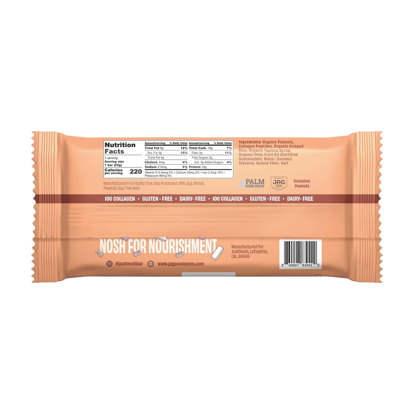 Justnosh ?P?Eanut Butter Collagen Protein Bars – 16G Protein, 10G Collagen | Gluten & Dairy Free, Low Fodmap, Seed Oil Free (12 Pack)