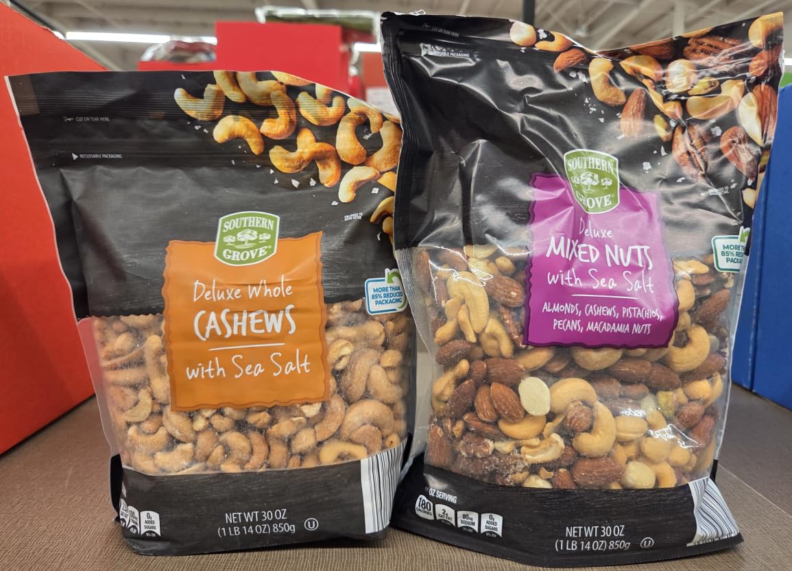 Southern Grove Deluxe Mixed Nuts with Sea Salt and Deluxe Whole Cashews Unsalted (Two Containers)