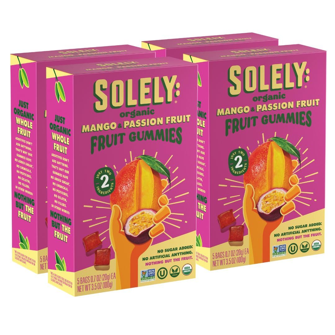 Solely - Organic Mango & Passion Fruit Whole Fruit Gummies (Pack Of 4 Boxes, 5 Bags Per Box) - Fresh Fruit - Healthy Snacks For