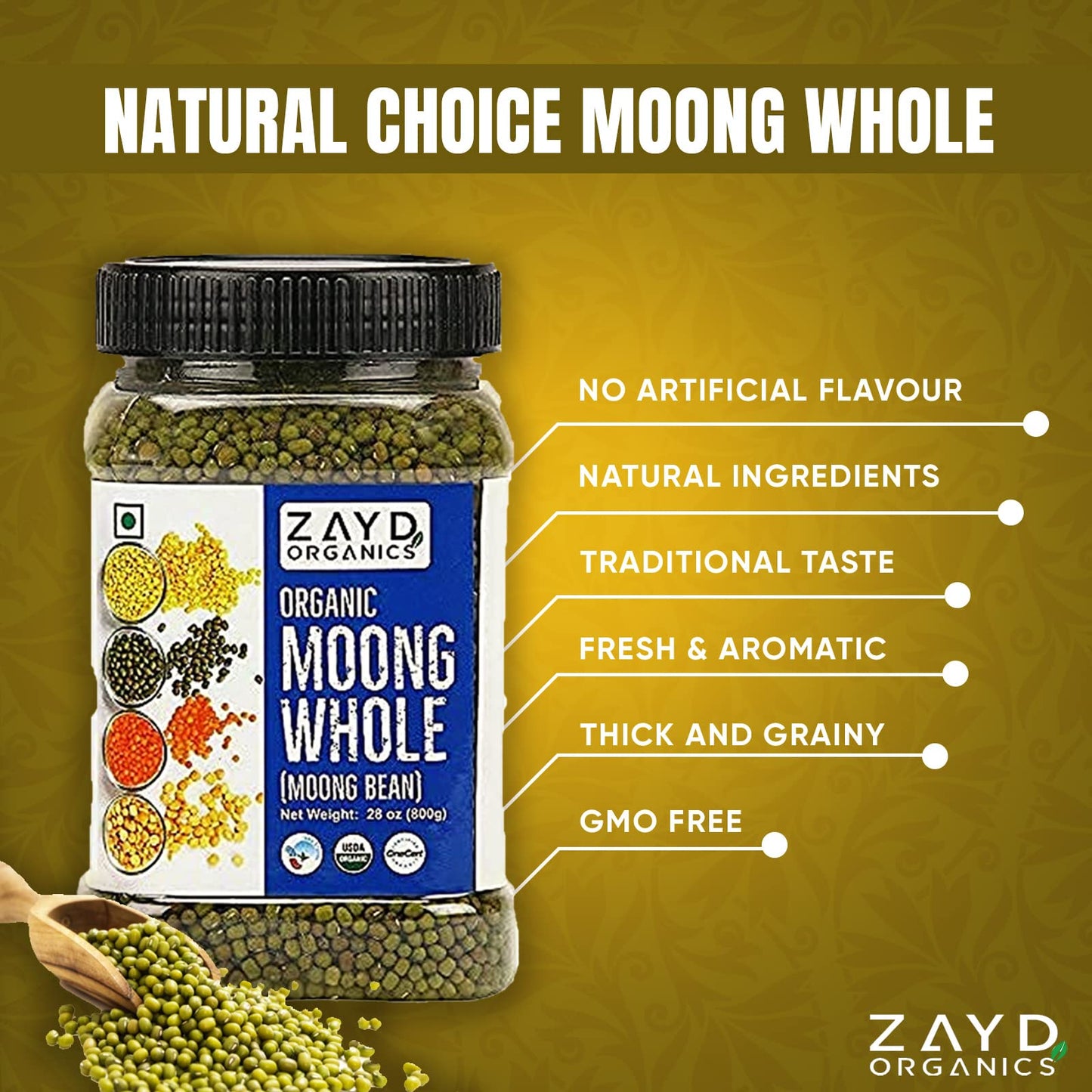 Zayd Organics Moong Whole 1.75lbs (800g) Green Mung Beans