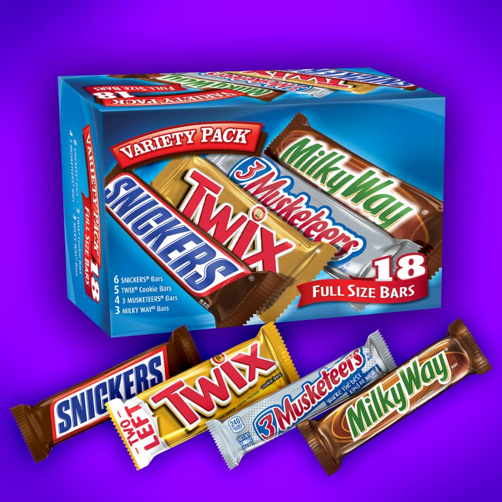 Mars Snickers, Twix, Milky Way & 3 Musketeers Individually Wrapped Variety Pack Full Size Milk Chocolate Candy Bars Bulk Assortment, 33.31 Oz, 18 Bars