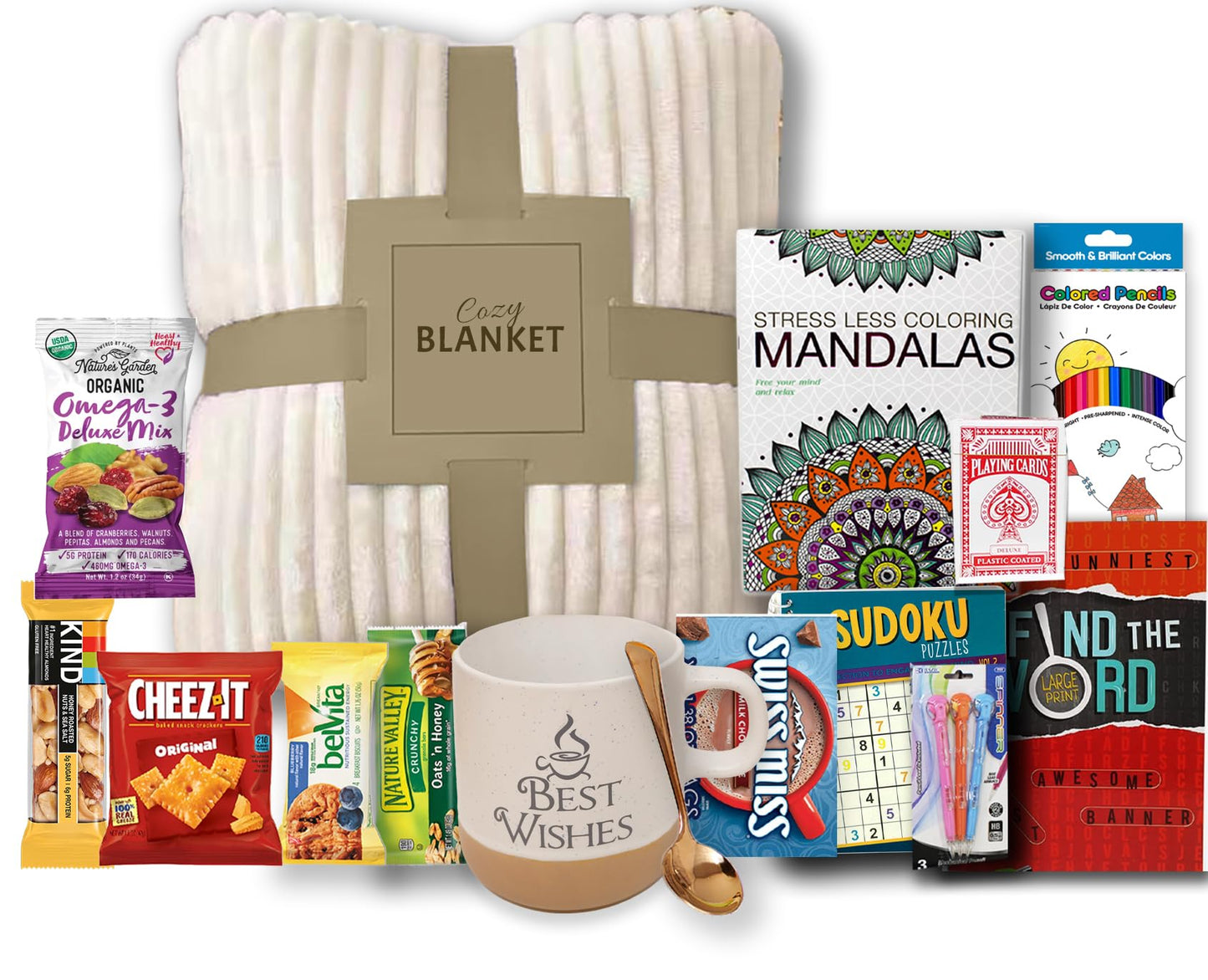 GET WELL SOON Gift basket Art set kit gift with Blanket | Home Hospital After surgery recovery gift Activity Books care package | Feel better soon for sick friend & Great Snack Variety
