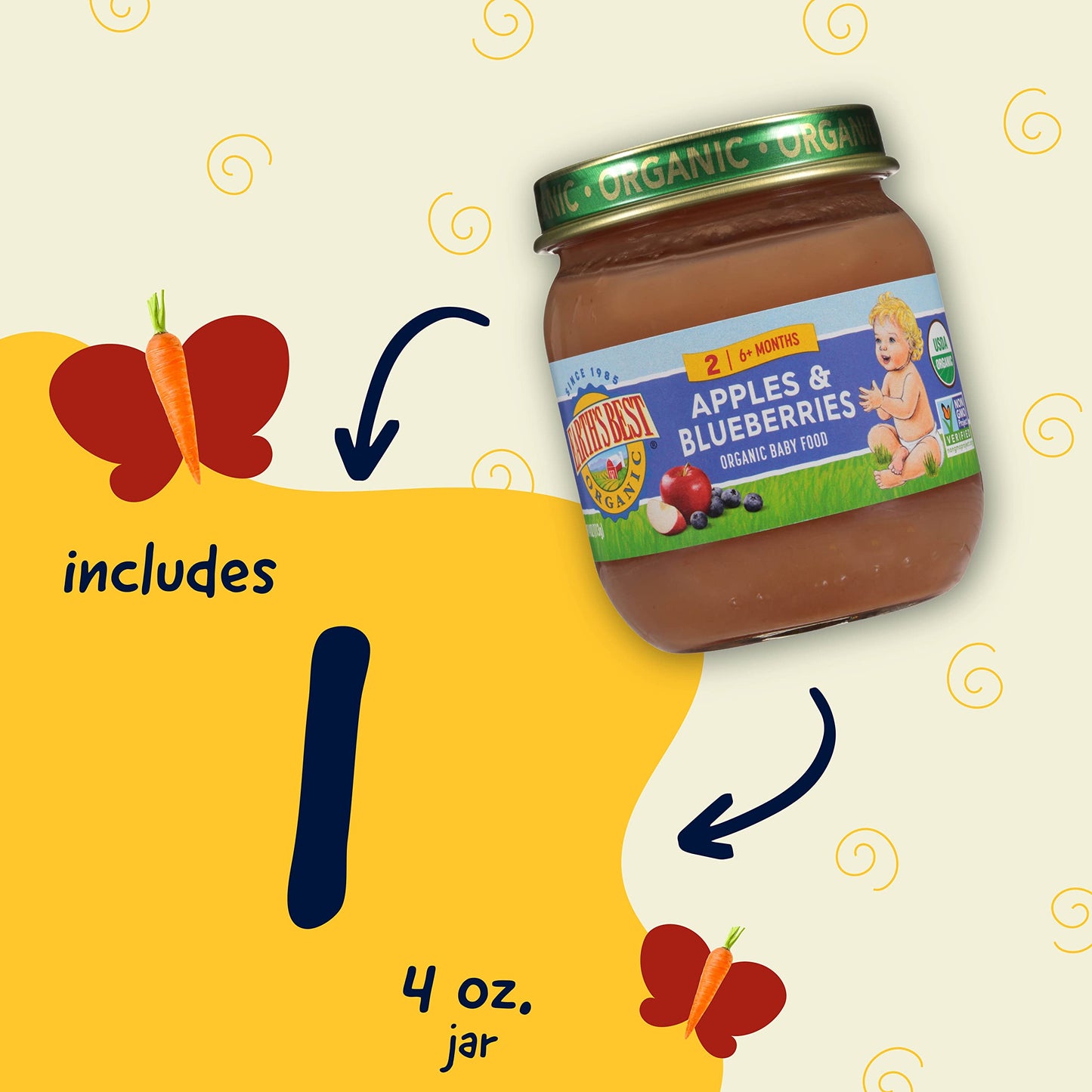 Earth'S Best Organic Baby Food Jars, Stage 2 Fruit Puree For Babies 6 Months And Older, Organic Apples And Blueberries, 4 Oz Res