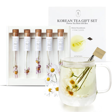KKOKDAM Tea Gift Set - Siberian Chrysanthemum Blooming Stick Flowers - Fancy Korean Gifts For Tea Lovers - 5 Premium Flower Stic