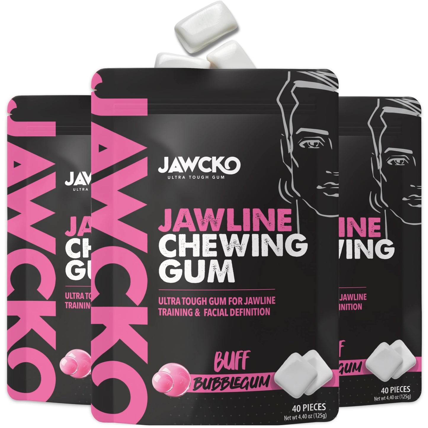Jawcko Ultra-Tough Jawline Chewing Gum | Get A Stronger Squarer Jawline | Bubblegum Jaw Training Hard Gum | 15X Strength | Chisel Sculpt Tone Your Jaw | Facial Fitness Mewing Gum | 40 Pieces/Pack