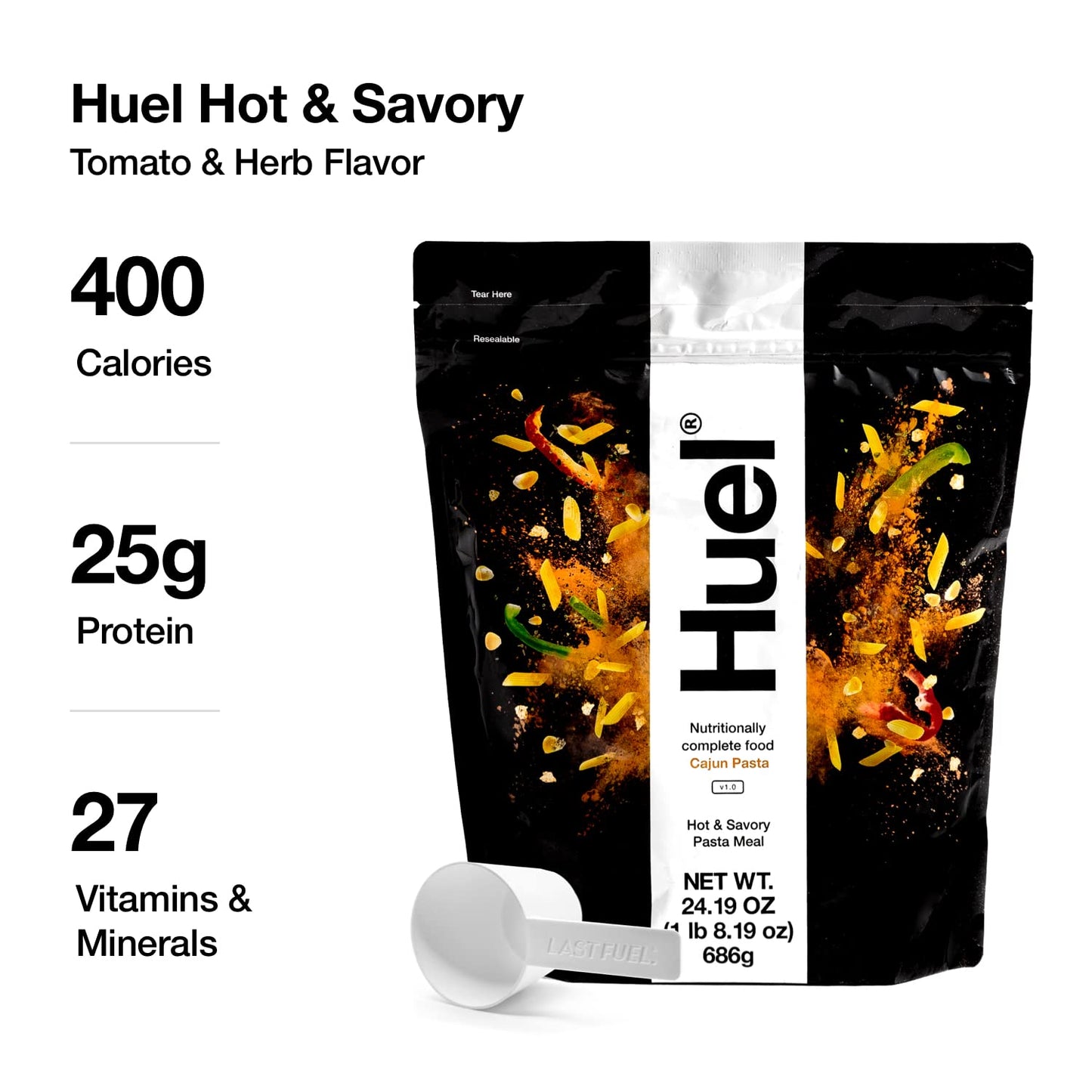 Huel Instant Meal Replacement - Cajun Pasta, 24.19 oz, 100% Nutritionally Complete, 25g Protein, 6g Fiber, 27 Vitamins & Minerals
