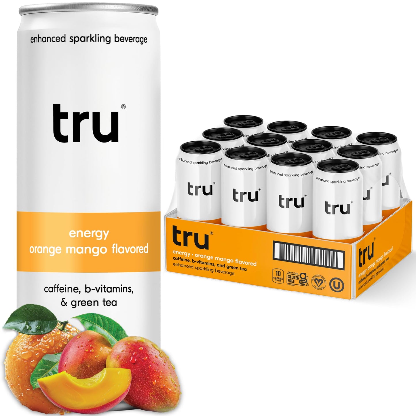 Tru Energy Seltzer Sparkling Water with Natural Caffeine, Orange Mango, 12 Fl Oz Cans, Pack of 12, Gluten Free, Vegan