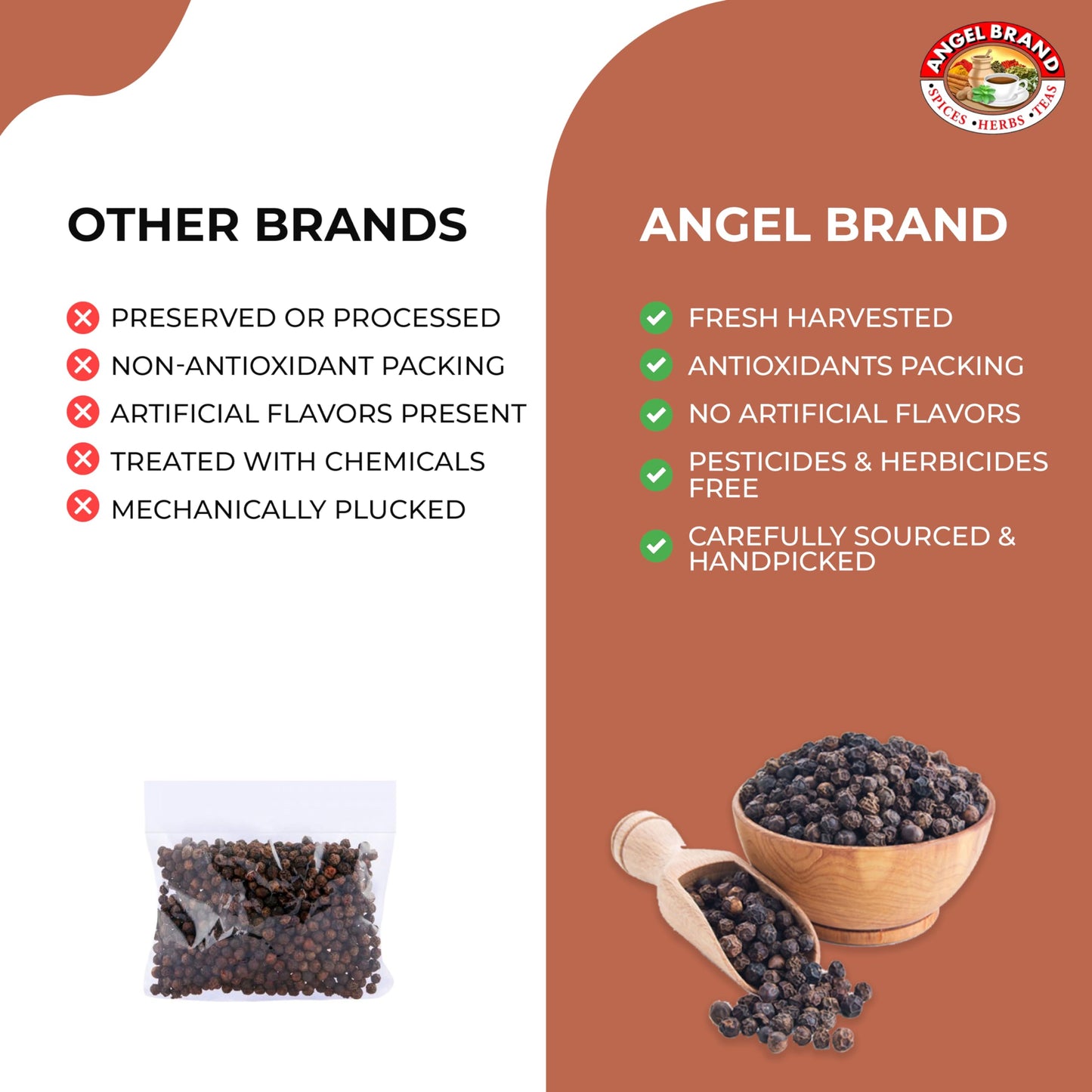 Angel Brand Black Peppercorns Whole - Premium Peppercorns For Grinders, Cooking, And Seasoning - Perfect Whole Black Pepper For