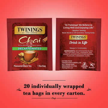 Twinings Decaffeinated Chai Tea, Black Tea Blend With Cinnamon, Ginger, Cardamon, Cloves For A Sweet And Spicy Flavor, Clover Honey Stick Included, 20 Count (Pack Of 3)