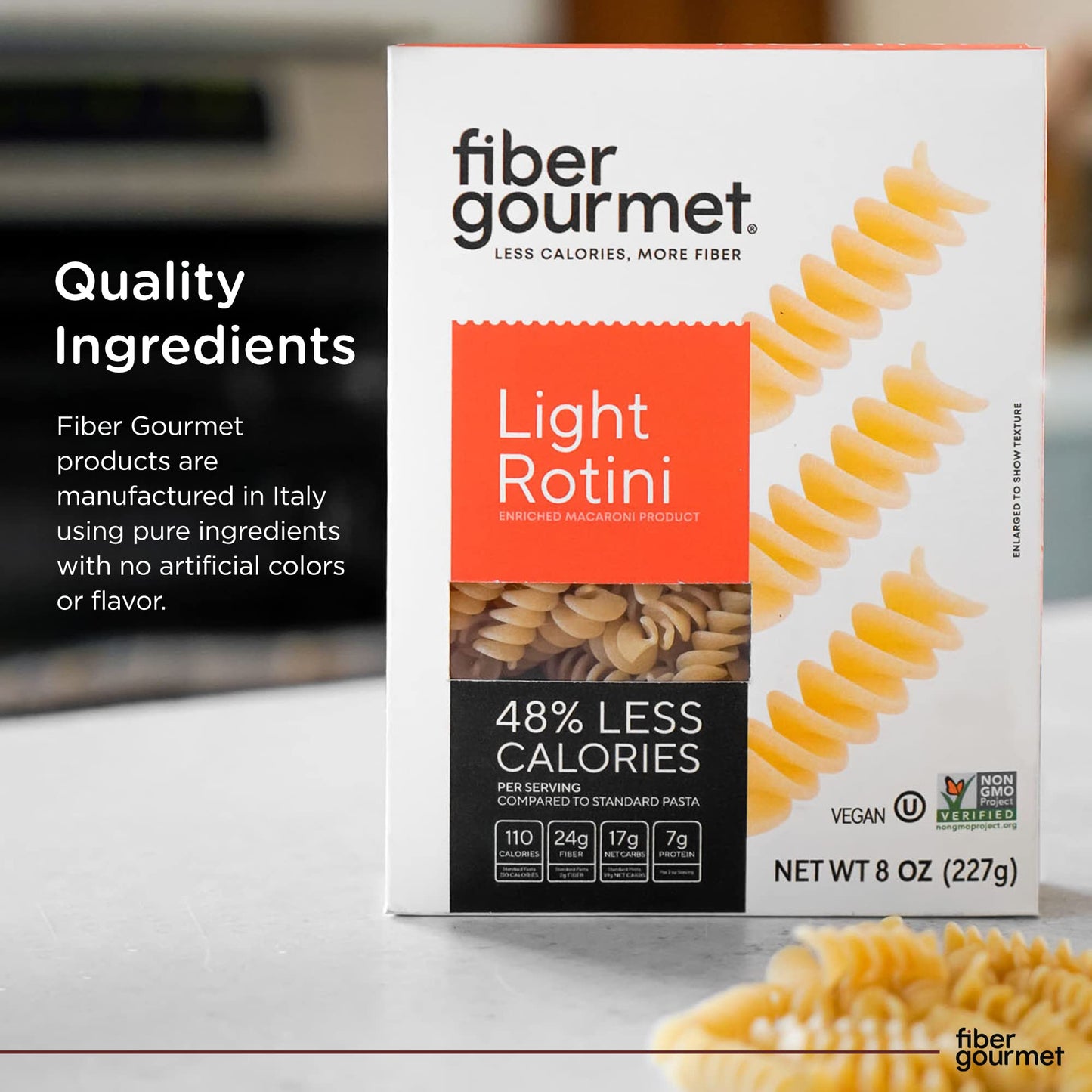 Fiber Gourmet Pasta - Light Rotini Pasta - Low Net Carb, Fiber-Rich, Low Calorie, Healthy Pasta - Made in Italy, Kosher, Vegan,