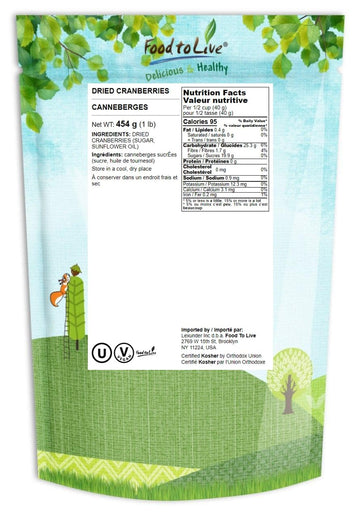 Food to Live Dried Cranberries, 1 Pound - Raw, Kosher, Vegan, Lightly Sweetened and Coated with Sunflower Oil, Unsulfured, Bulk