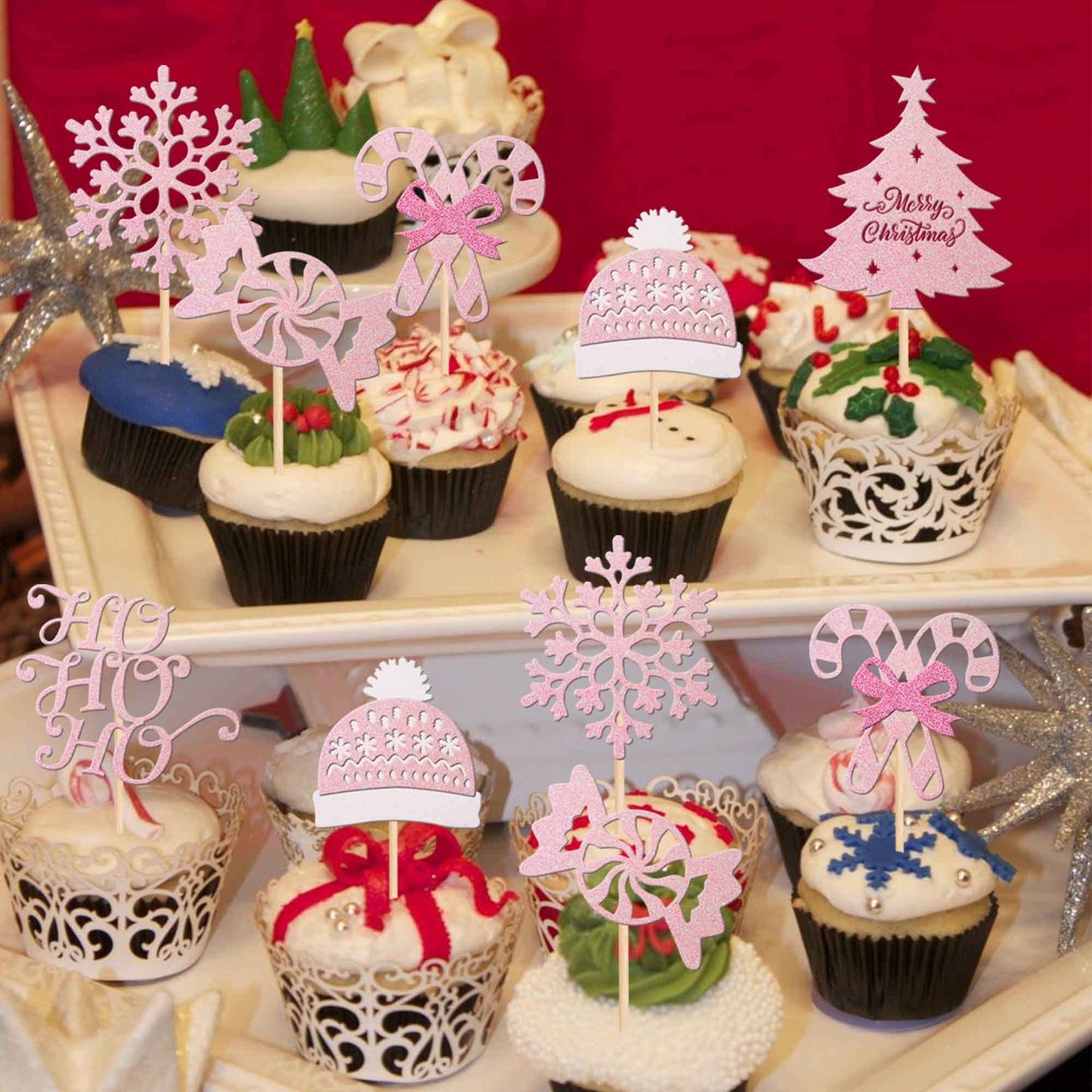 24 Pcs Merry Christmas Cupcake Toppers Glitter Ho Ho Ho Christmas Tree Cupcake Picks Snowflake Cupcake Toppers For Merry Christmas Theme Birthday Party Cake Decorations Supplies
